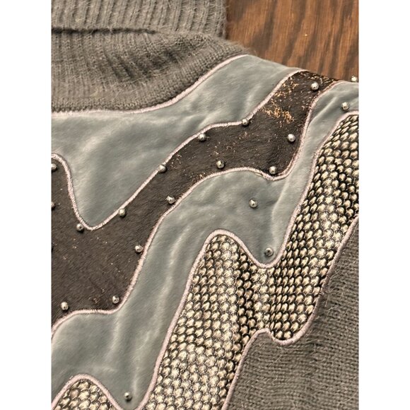 Vintage 80s Abstract Oversized Sweater Dress Large Shoulder Pads Turtleneck Grey - Picture 4 of 16